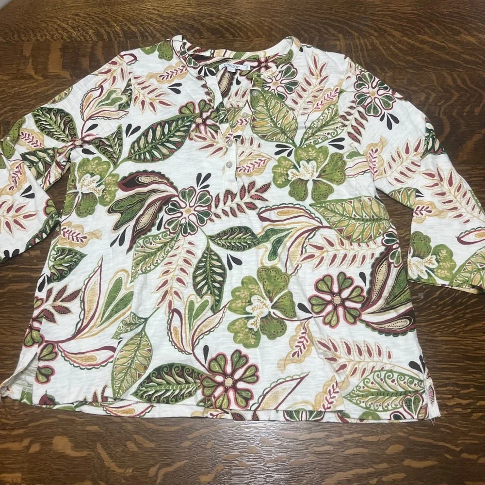 Chico's Henley Top Women XL 3 White Green Floral 3/4 Sleeve Slub Knit